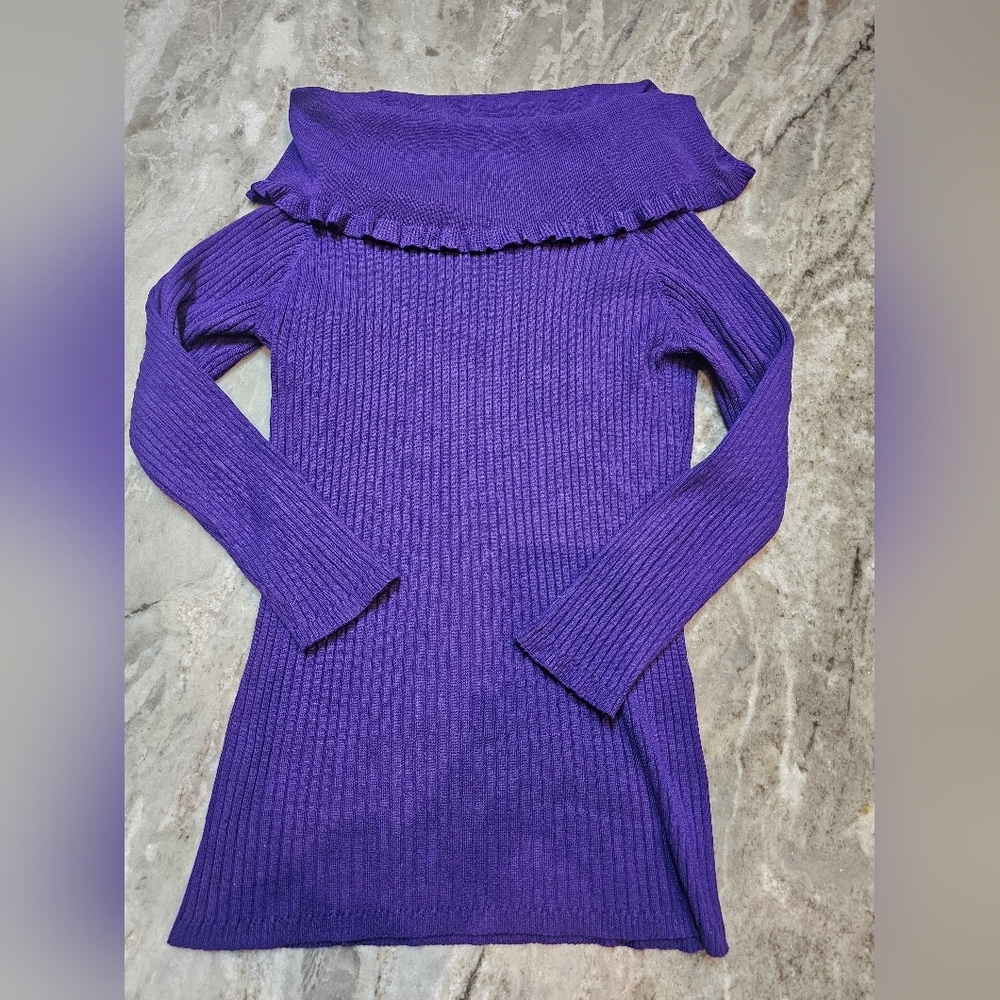 United States Sweaters Purple Off Shoulder Ruffle Ribbed Sweater Tunic PM Petite